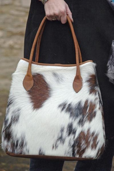 cowhide bag with leather handles